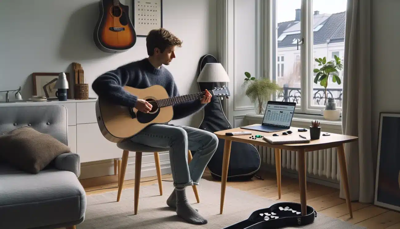 Norwegian beginner learning acoustic guitar via laptop course at home