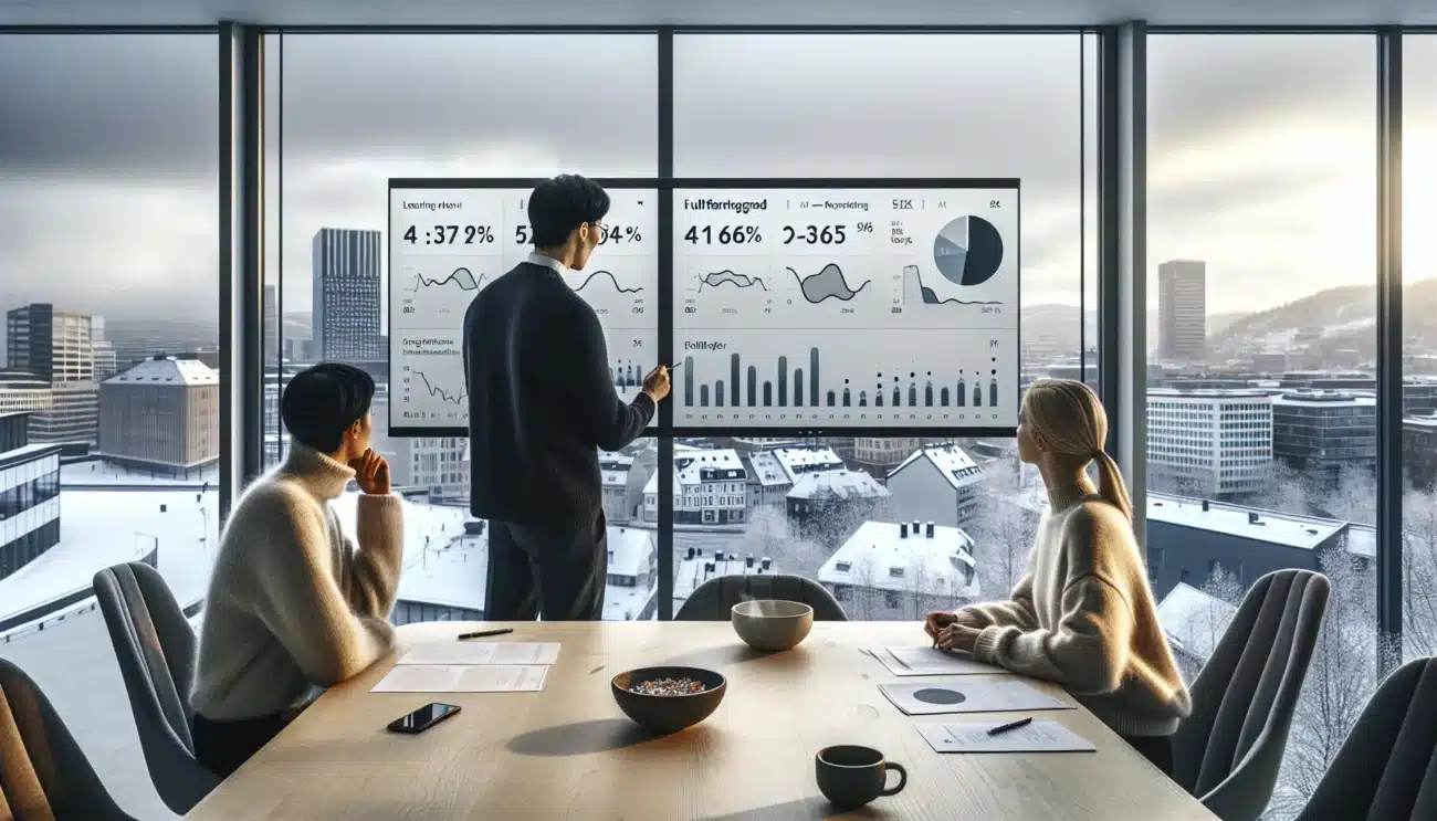 Norwegian team reviewing e learning kpi dashboard in a bright oslo office