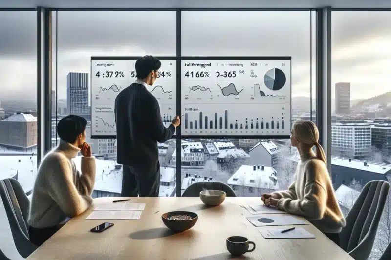 Norwegian team reviewing e learning kpi dashboard in a bright oslo office