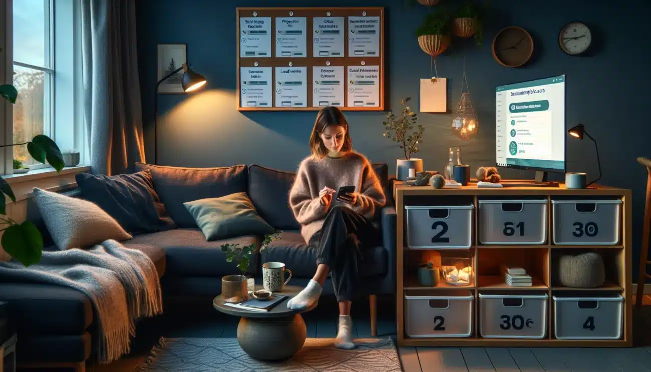 Woman on a sofa taking a sustainable lifestyle course and acting at home