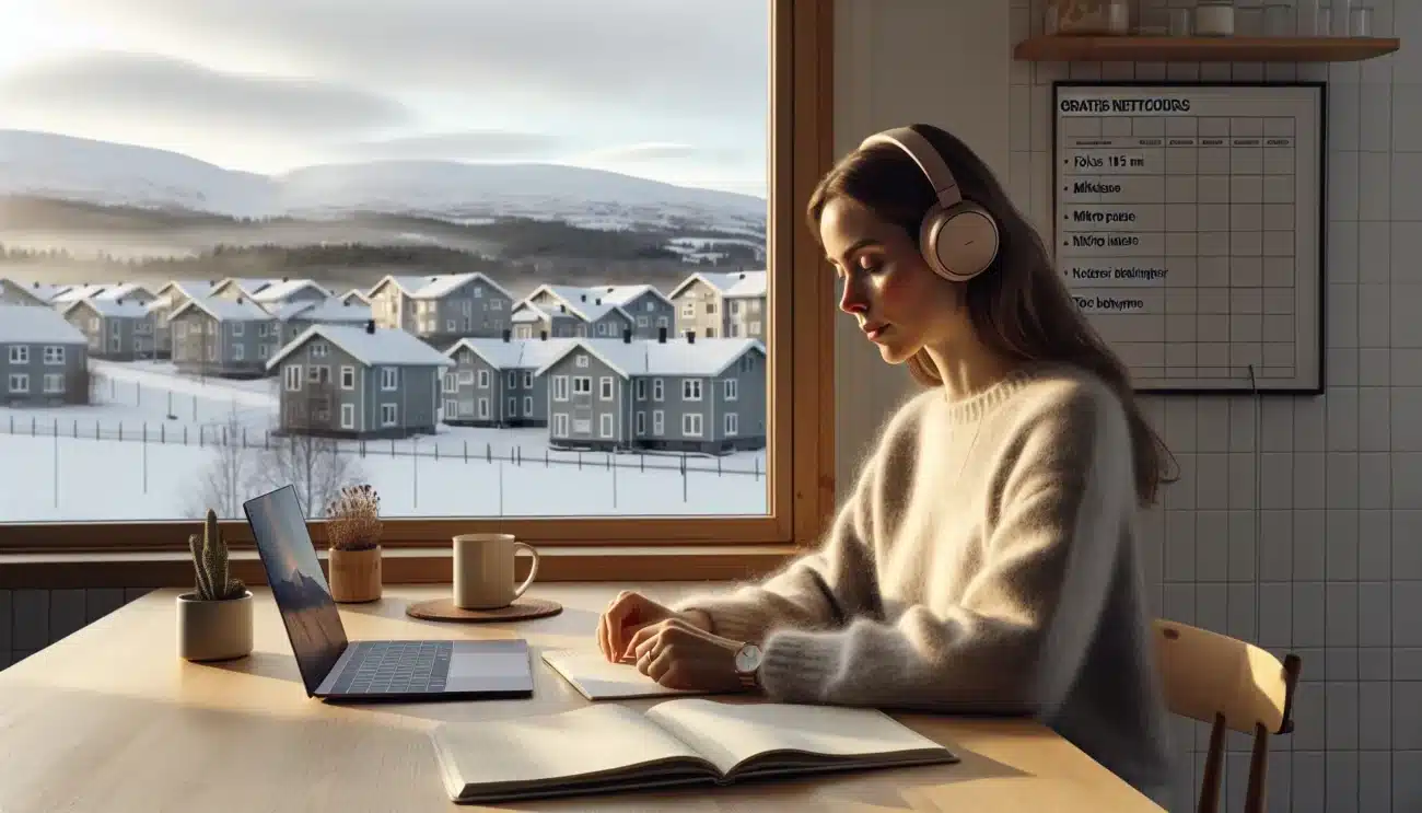 Woman practices breathing with free norwegian online stress management course at home