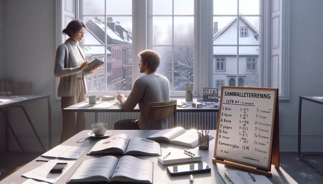 Adult students in a norwegian language class practicing conversation and vocabulary review