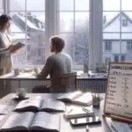 Adult students in a norwegian language class practicing conversation and vocabulary review
