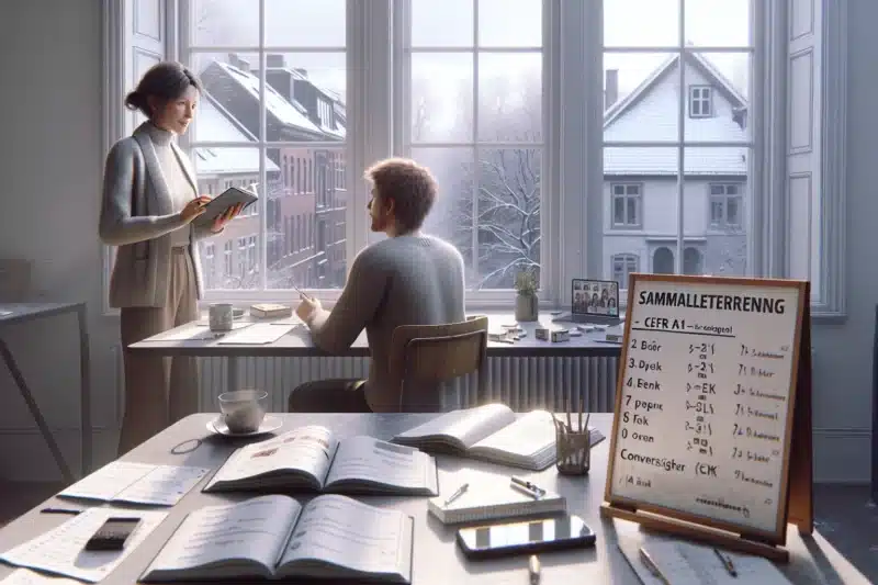 Adult students in a norwegian language class practicing conversation and vocabulary review