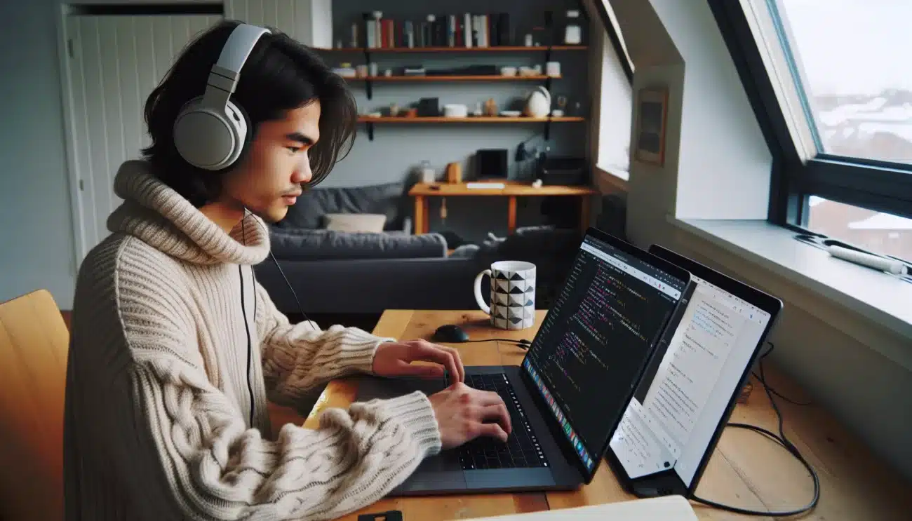 Beginner in norway learning programming on a laptop with notes and coffee