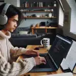 Beginner in norway learning programming on a laptop with notes and coffee