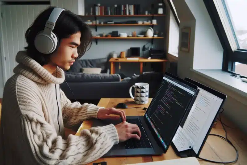 Beginner in norway learning programming on a laptop with notes and coffee