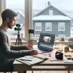 Norwegian course creator recording an online course in a home office