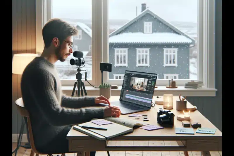 Norwegian course creator recording an online course in a home office