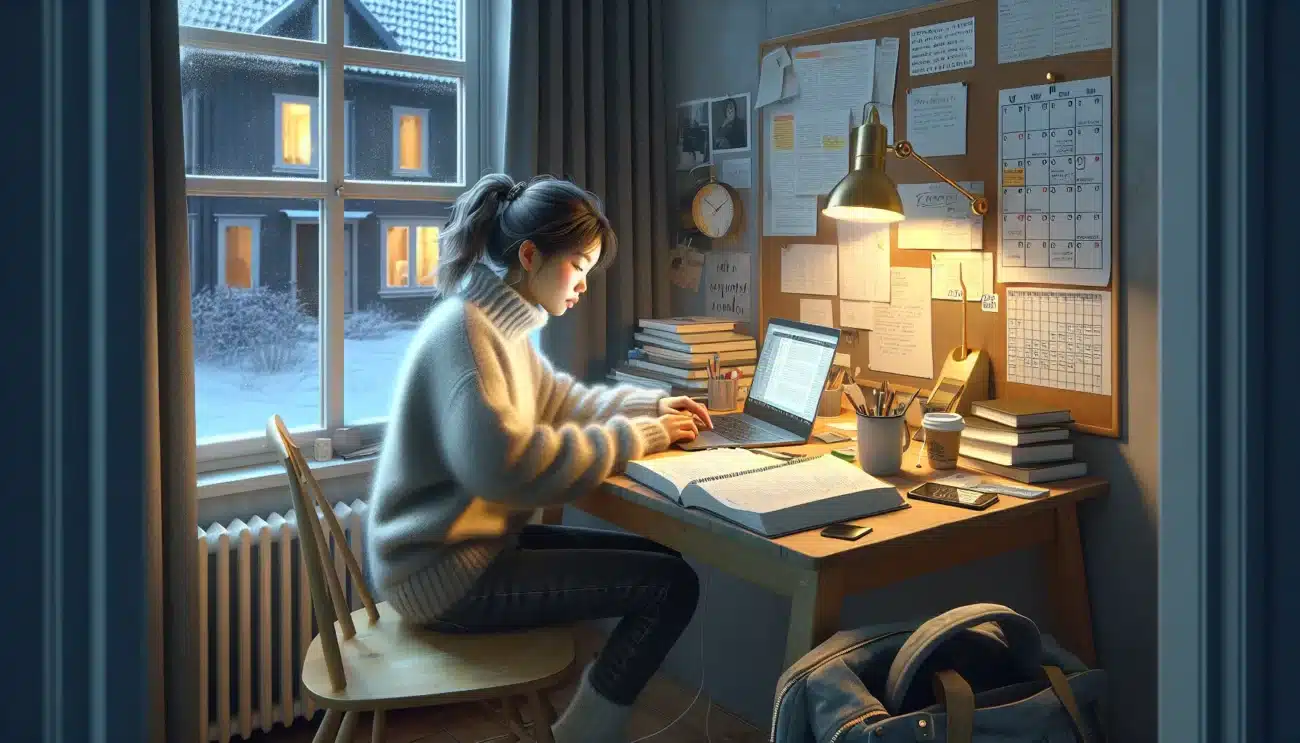 Norwegian woman studying at home after work with planner and laptop