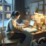 Norwegian woman studying at home after work with planner and laptop