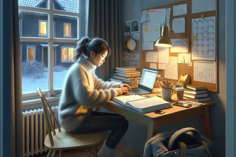 Norwegian woman studying at home after work with planner and laptop