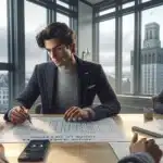 Two colleagues in a norwegian office compare course providers using a scoring matrix