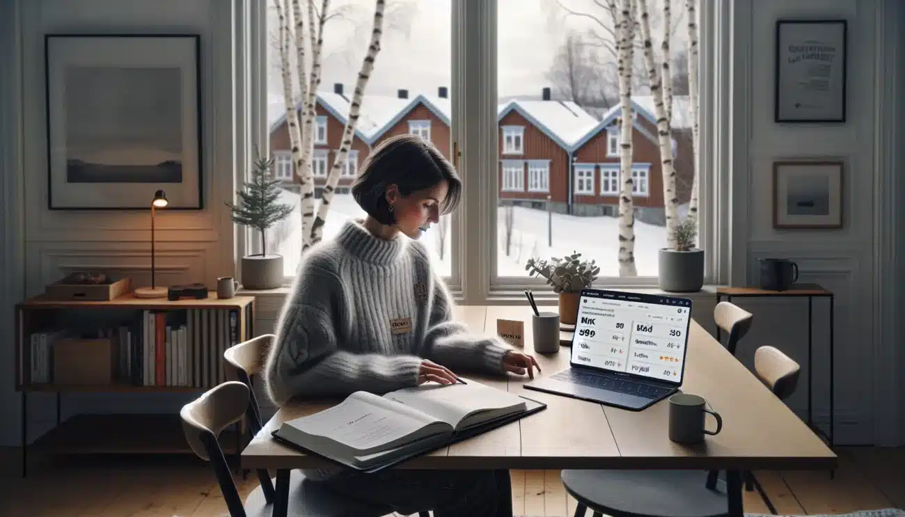 Woman in norway comparing personal development online courses on a laptop at home