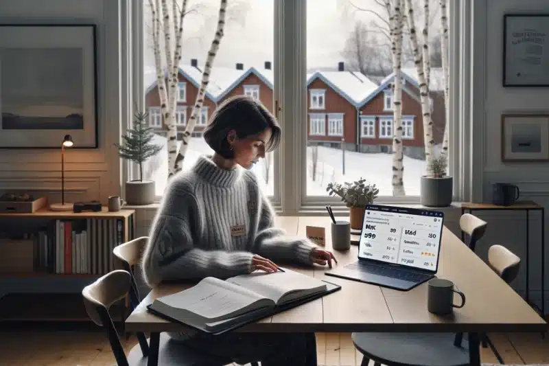 Woman in norway comparing personal development online courses on a laptop at home