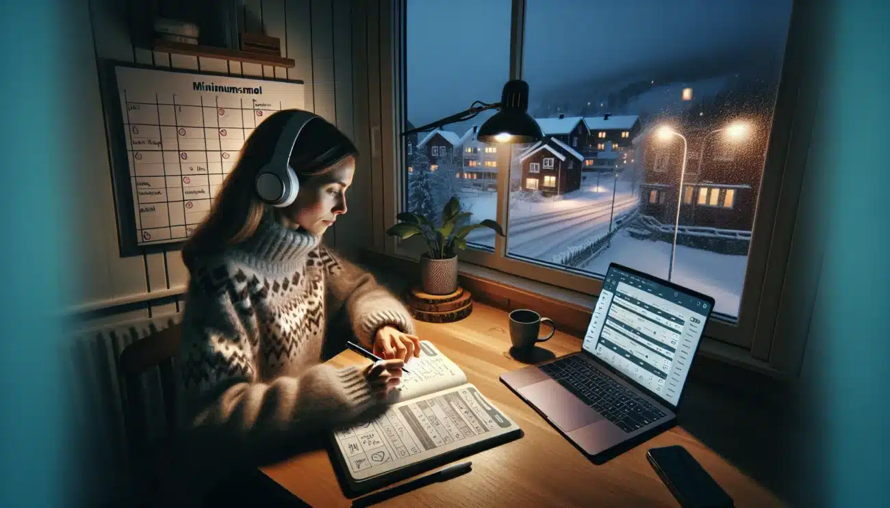 Woman in norway studying an online course with quiz notes and weekly plan