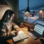 Woman in norway studying an online course with quiz notes and weekly plan