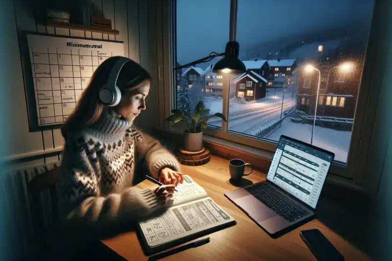 Woman in norway studying an online course with quiz notes and weekly plan